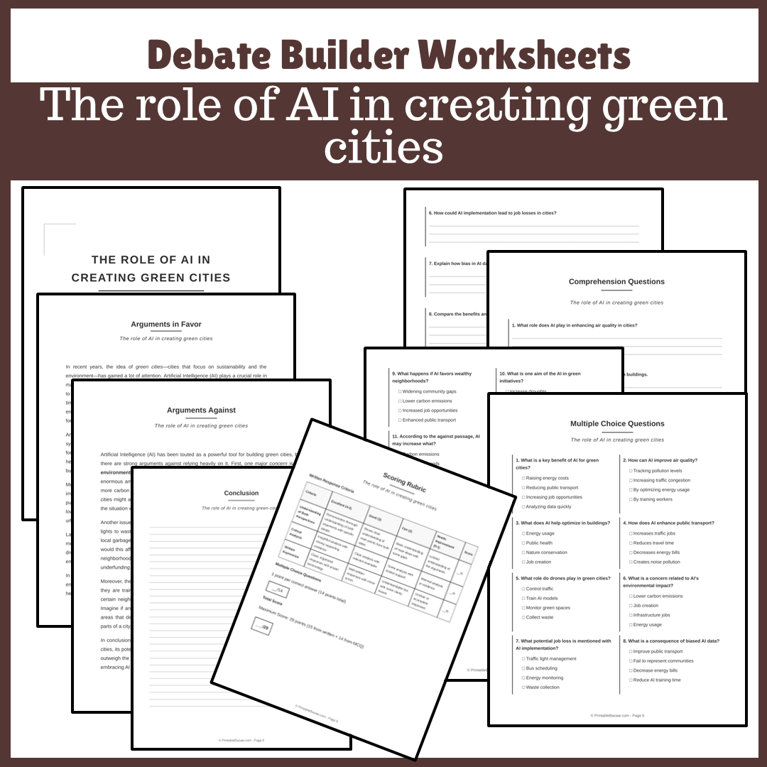 The role of AI in creating green cities | Favour and Against Worksheet Printable Activity