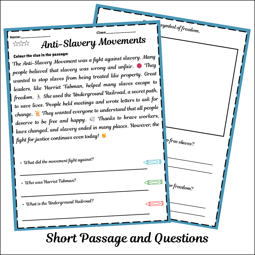 Anti-Slavery Movements | Short Reading Comprehension Creative Worksheet