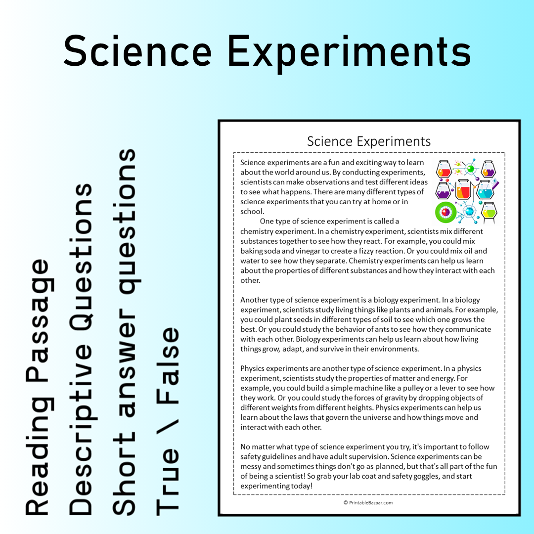 Science Experiments | Reading Comprehension Passage Printable Worksheet