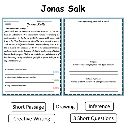 Jonas Salk | Short Reading Comprehension Creative Worksheet