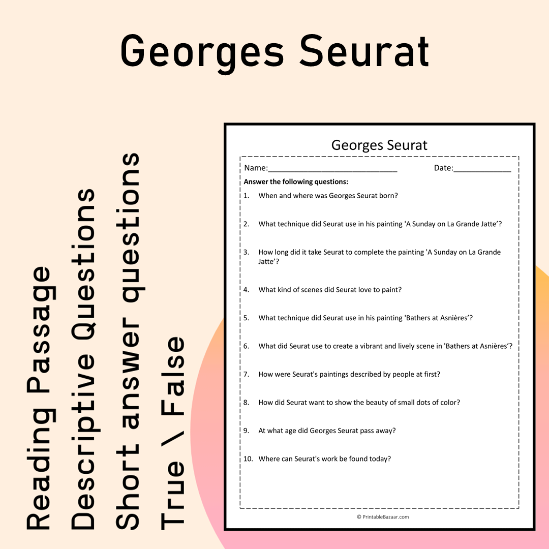 Georges Seurat | Reading Comprehension Passage Printable Activity