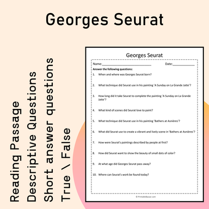 Georges Seurat | Reading Comprehension Passage Printable Activity