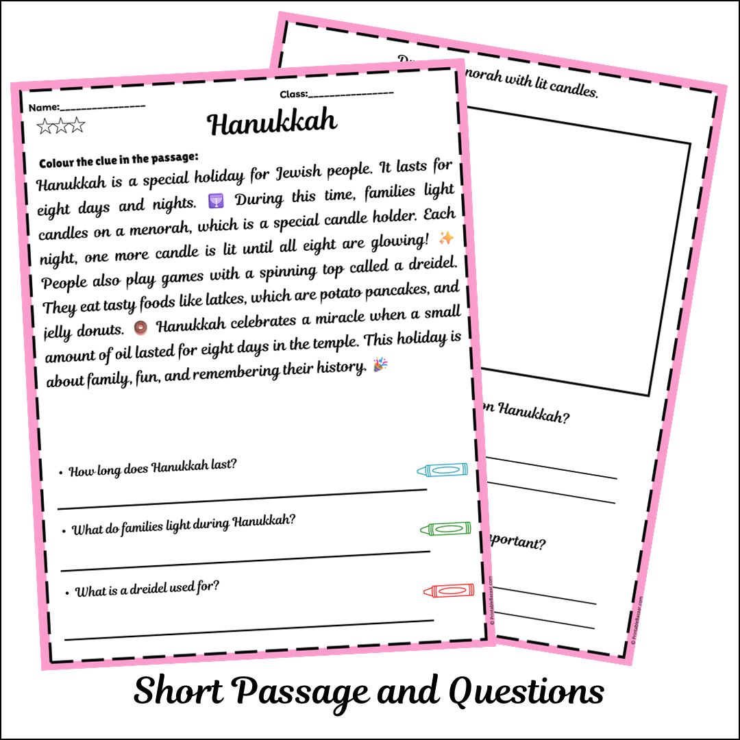 Hanukkah | Short Reading Comprehension Creative Worksheet