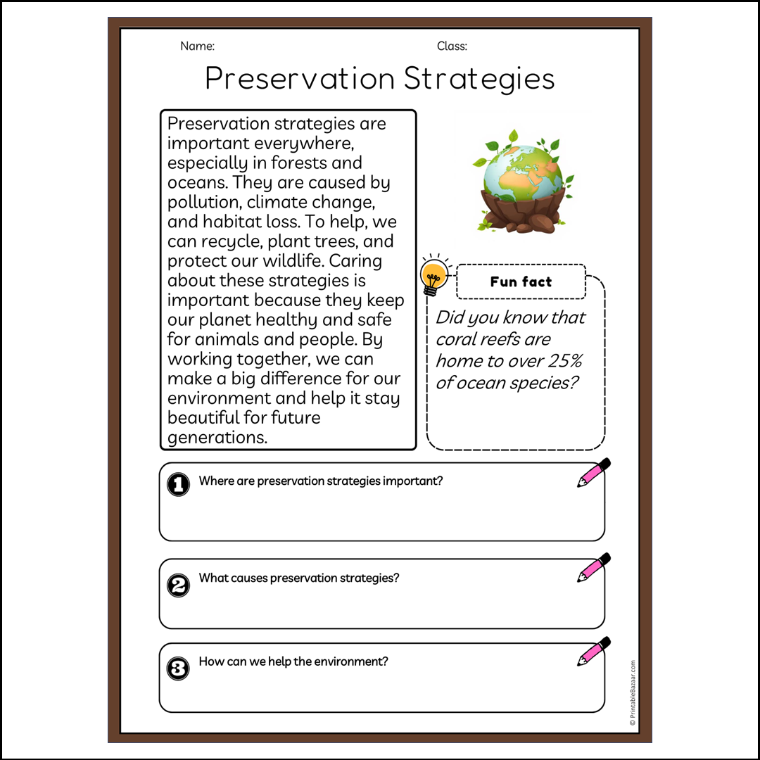 Preservation Strategies | Reading Passage Comprehension Questions Writing Facts Worksheet