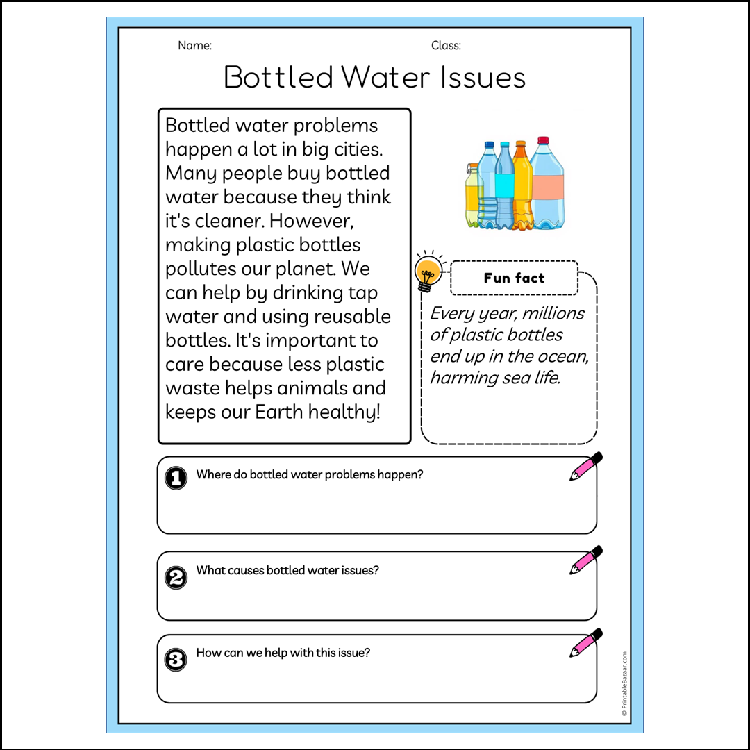 Bottled Water Issues | Reading Passage Comprehension Questions Writing Facts Worksheet