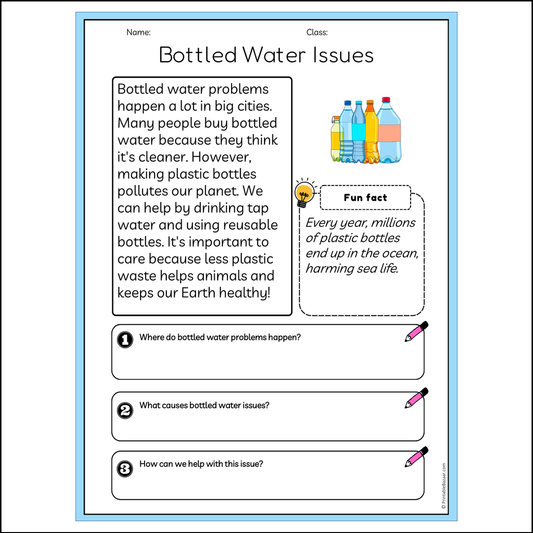 Bottled Water Issues | Reading Passage Comprehension Questions Writing Facts Worksheet