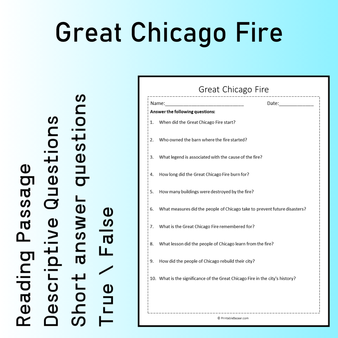 Great Chicago Fire | Reading Comprehension Passage Printable Worksheet