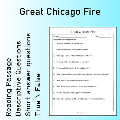 Great Chicago Fire | Reading Comprehension Passage Printable Worksheet