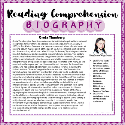 Greta Thunberg | Biography Reading Comprehension and Questions Worksheet