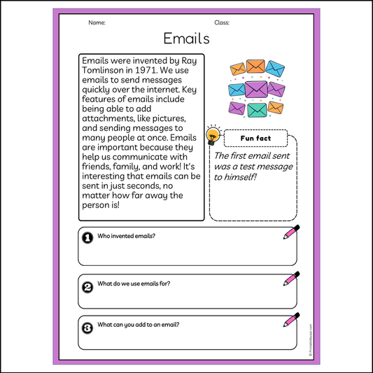 Emails | Reading Passage Comprehension Questions Writing Facts Worksheet