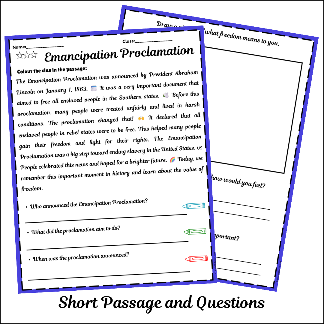 Emancipation Proclamation | Short Reading Comprehension Creative Worksheet