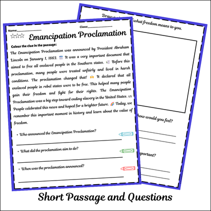 Emancipation Proclamation | Short Reading Comprehension Creative Worksheet