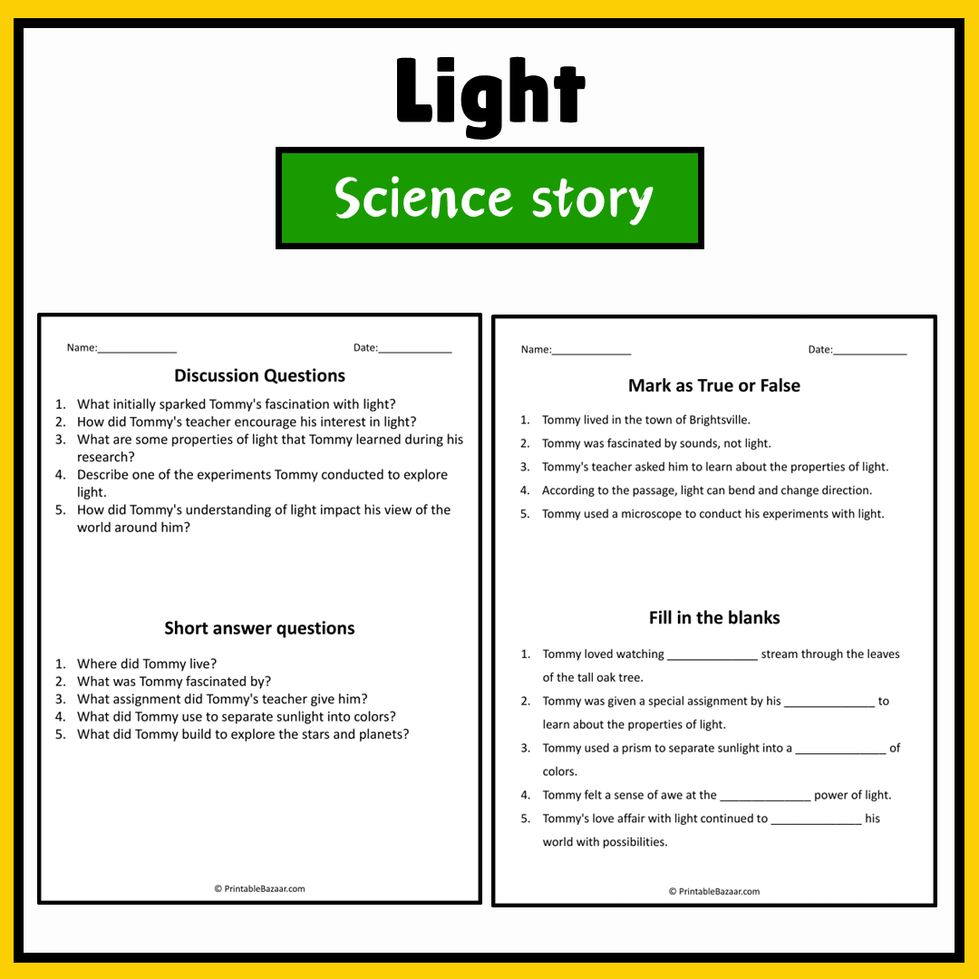 Light | Science Story Reading Comprehension Activity