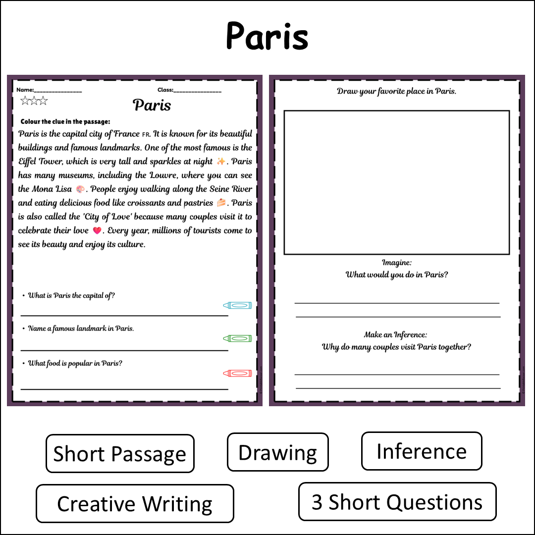 Paris | Short Reading Comprehension Creative Worksheet