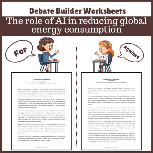 The role of AI in reducing global energy consumption | Favour and Against Worksheet Printable Activity