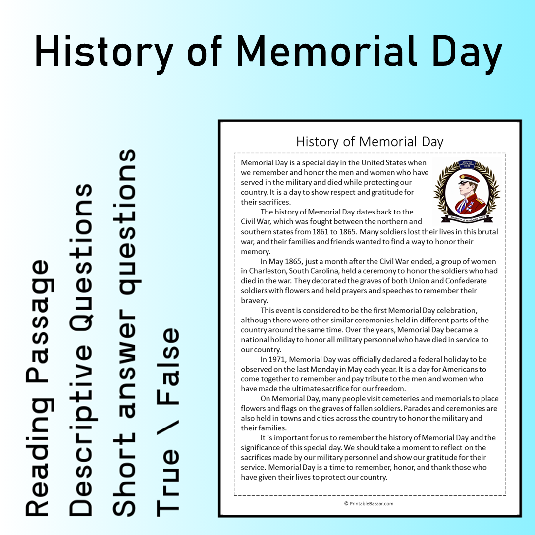 History of Memorial Day | Reading Comprehension Passage Printable Worksheet