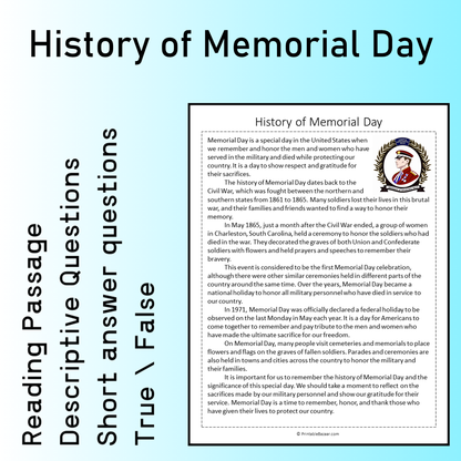 History of Memorial Day | Reading Comprehension Passage Printable Worksheet