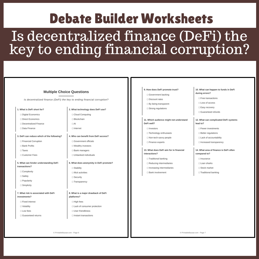 Is decentralized finance (DeFi) the key to ending financial corruption? | Favour and Against Worksheet Printable Activity