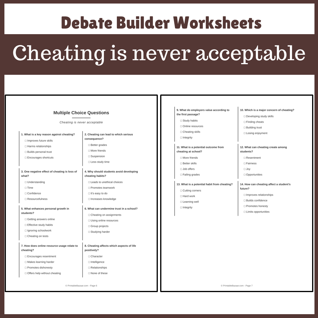 Cheating is never acceptable | Favour and Against Worksheet Printable Activity