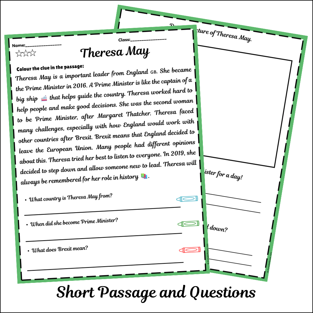 Theresa May | Short Reading Comprehension Creative Worksheet