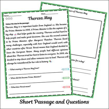 Theresa May | Short Reading Comprehension Creative Worksheet