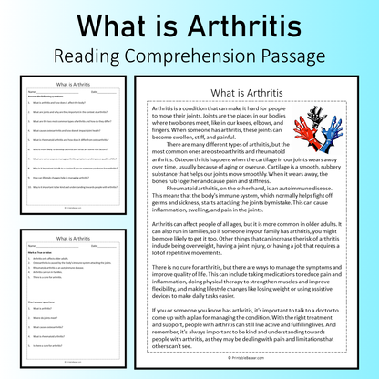 What is Arthritis | Reading Comprehension Passage Printable Worksheet