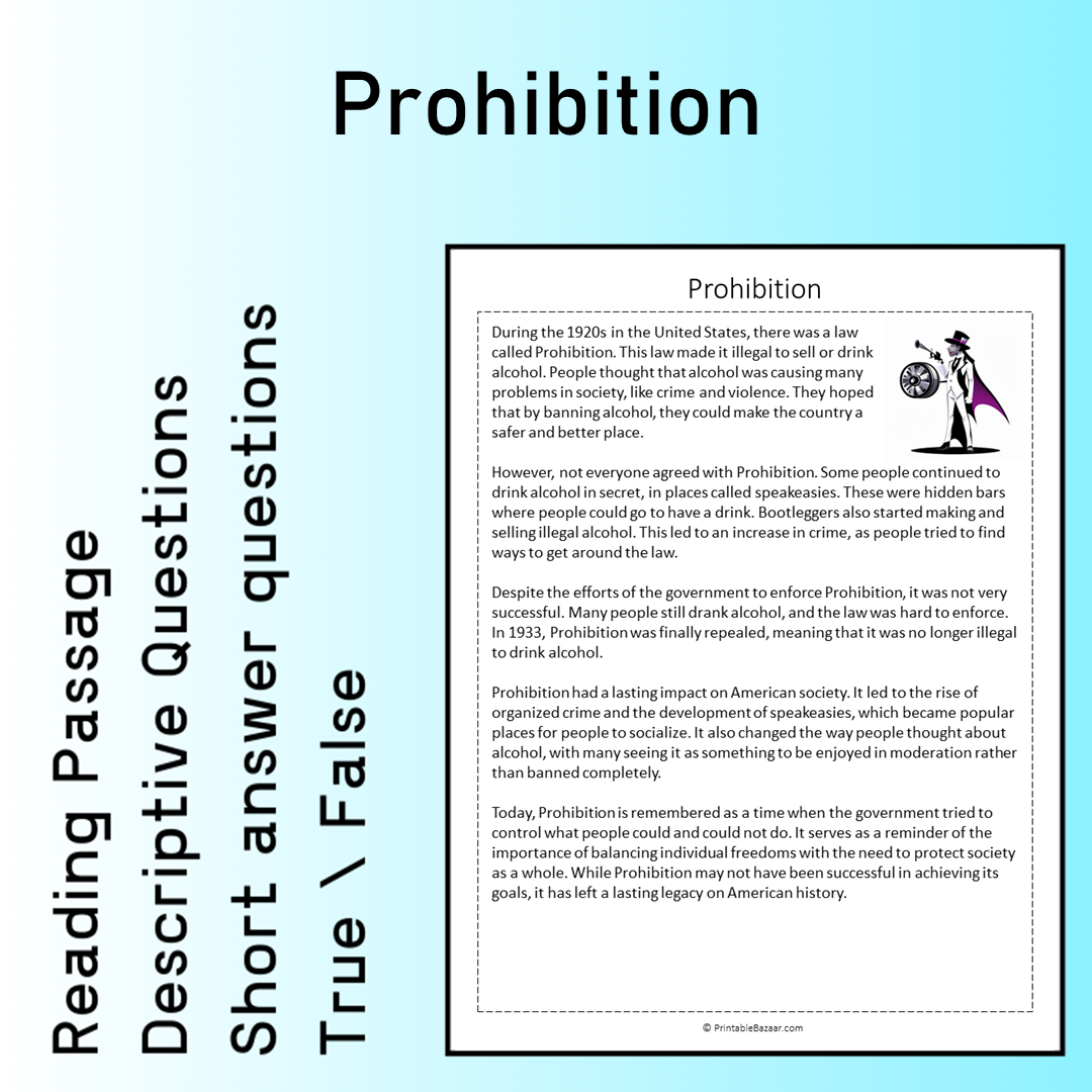 Prohibition | Reading Comprehension Passage Printable Worksheet