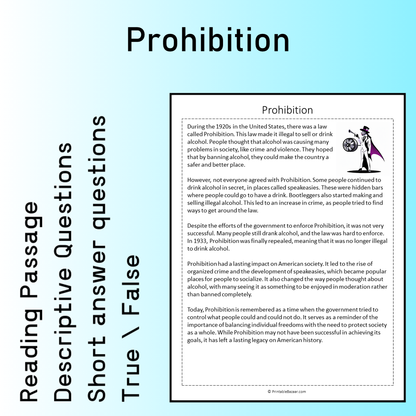 Prohibition | Reading Comprehension Passage Printable Worksheet