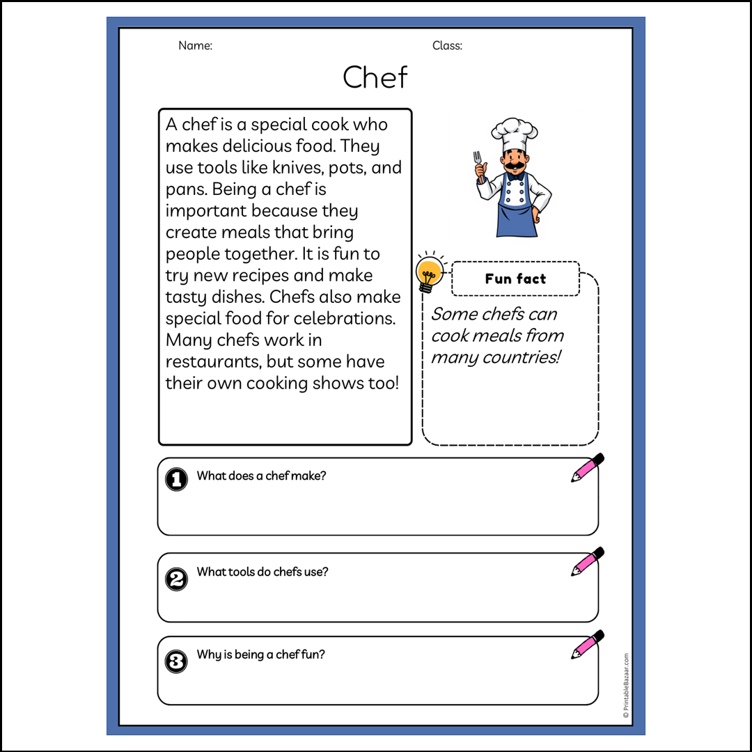 Chef | Reading Passage Comprehension Questions Writing Facts Worksheet ...