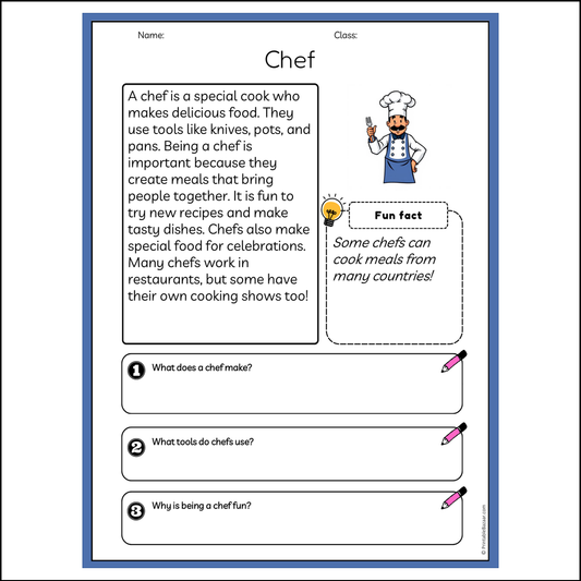 Chef | Reading Passage Comprehension Questions Writing Facts Worksheet