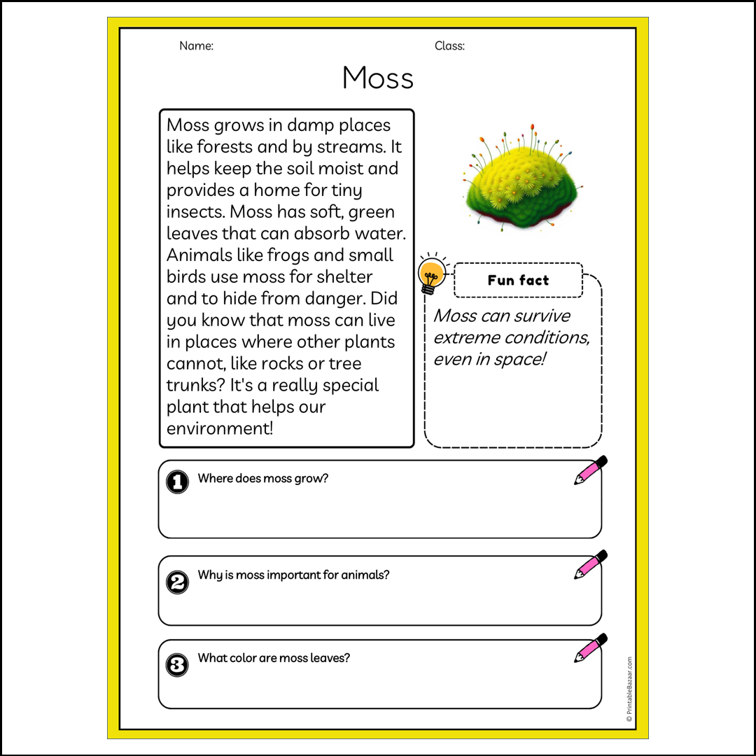 Moss | Reading Passage Comprehension Questions Writing Facts Worksheet