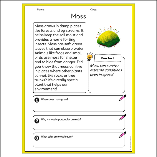 Moss | Reading Passage Comprehension Questions Writing Facts Worksheet