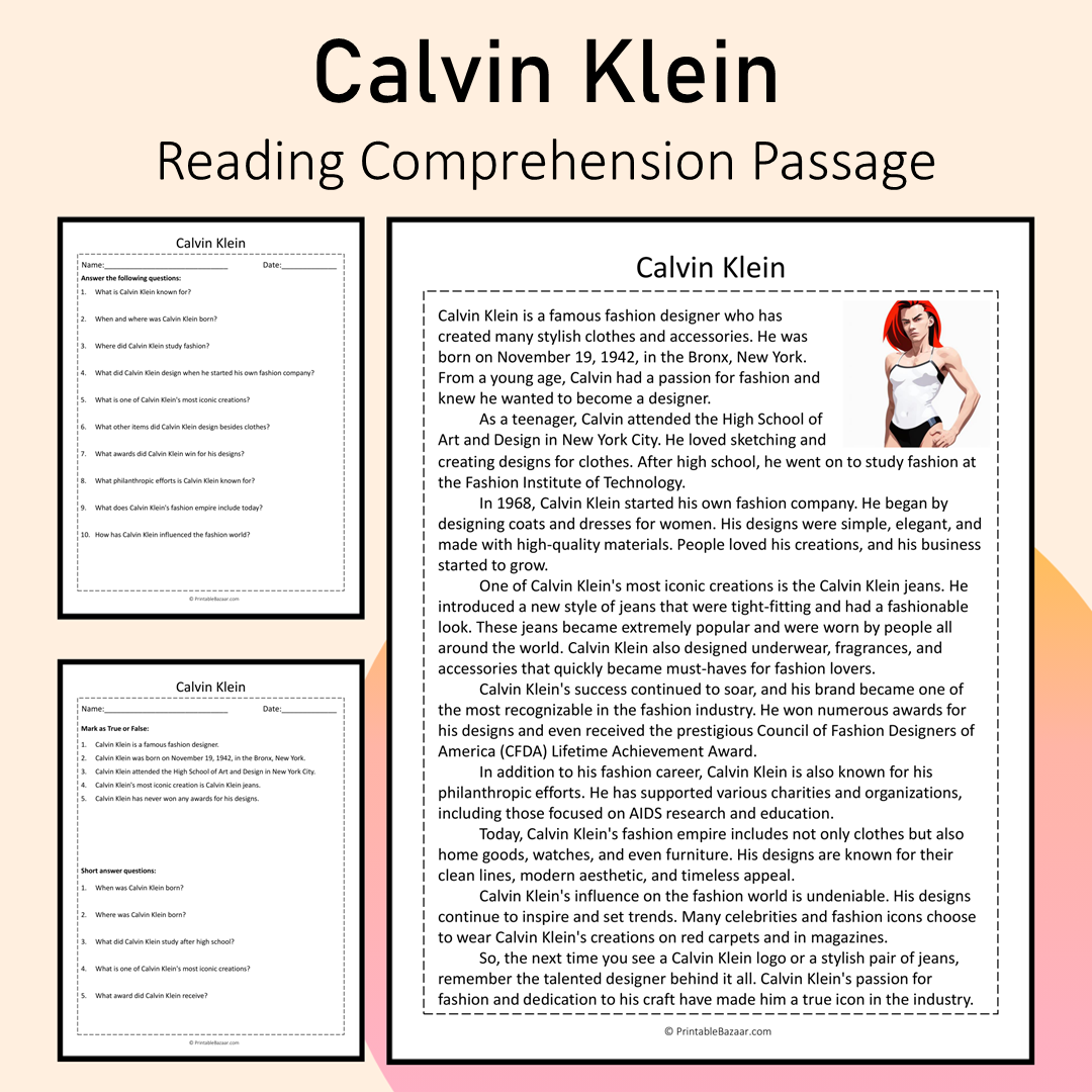 Calvin Klein | Reading Comprehension Passage Printable Activity