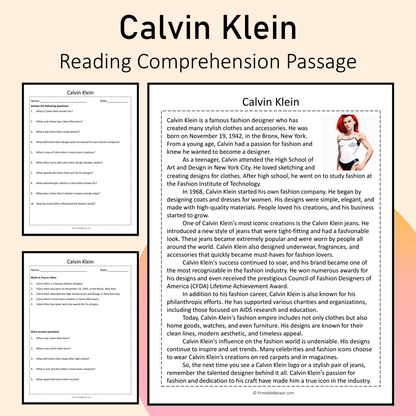 Calvin Klein | Reading Comprehension Passage Printable Activity