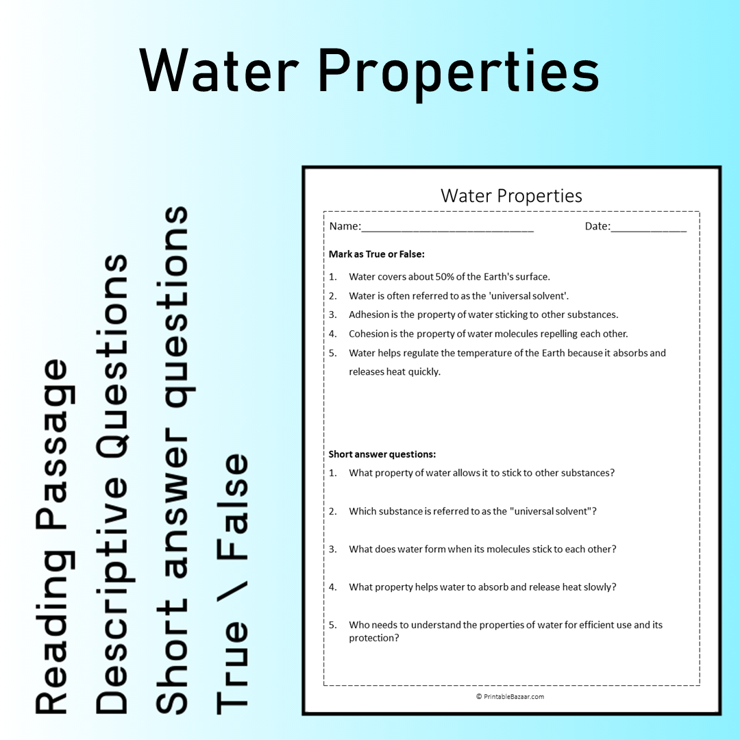 Water Properties | Reading Comprehension Passage Printable Worksheet