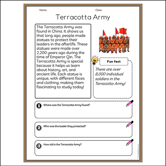 Terracotta Army | Reading Passage Comprehension Questions Writing Facts Worksheet