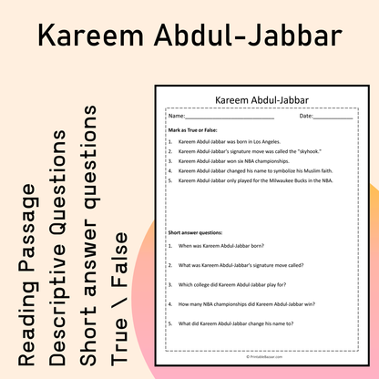 Kareem Abdul-Jabbar | Reading Comprehension Passage Printable Activity