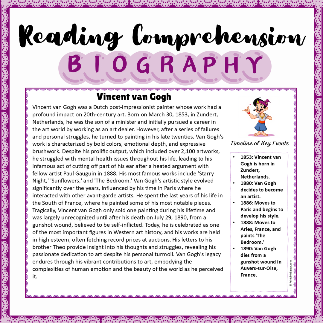 Vincent van Gogh | Biography Reading Comprehension and Questions Worksheet