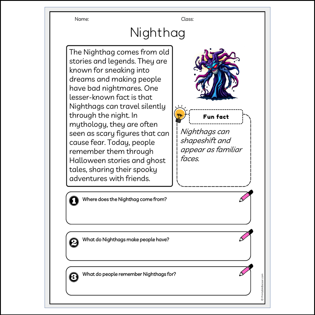 Nighthag | Reading Passage Comprehension Questions Writing Facts Worksheet