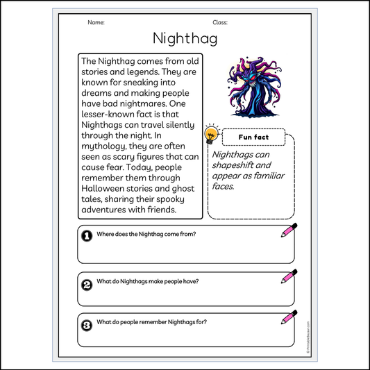 Nighthag | Reading Passage Comprehension Questions Writing Facts Worksheet