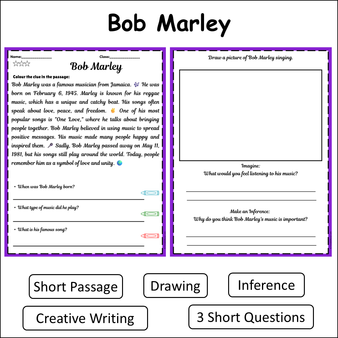 Bob Marley | Short Reading Comprehension Creative Worksheet
