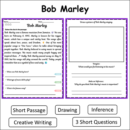 Bob Marley | Short Reading Comprehension Creative Worksheet
