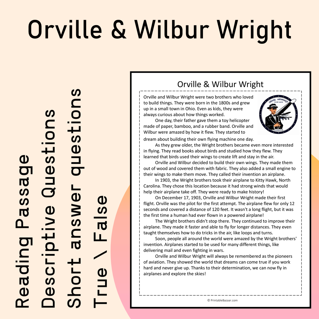 Orville & Wilbur Wright | Reading Comprehension Passage Printable Activity