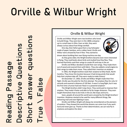 Orville & Wilbur Wright | Reading Comprehension Passage Printable Activity