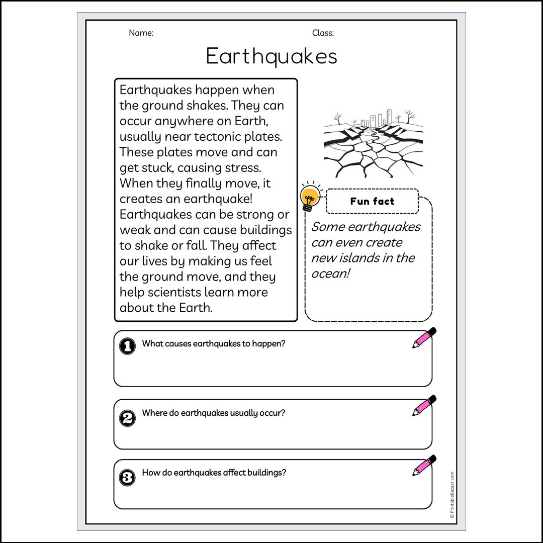 Earthquakes | Reading Passage Comprehension Questions Writing Facts Worksheet