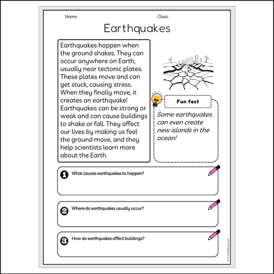 Earthquakes | Reading Passage Comprehension Questions Writing Facts Worksheet