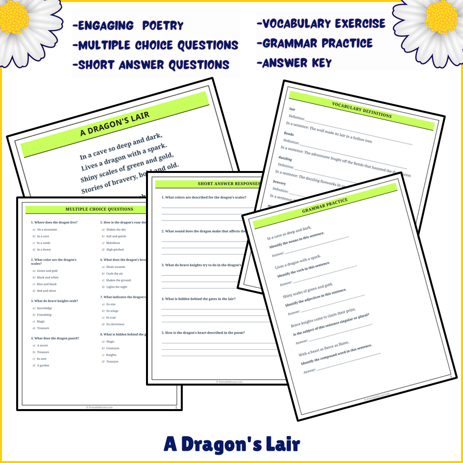 A Dragon's Lair | Poem Grammar Worksheet Printable Activity