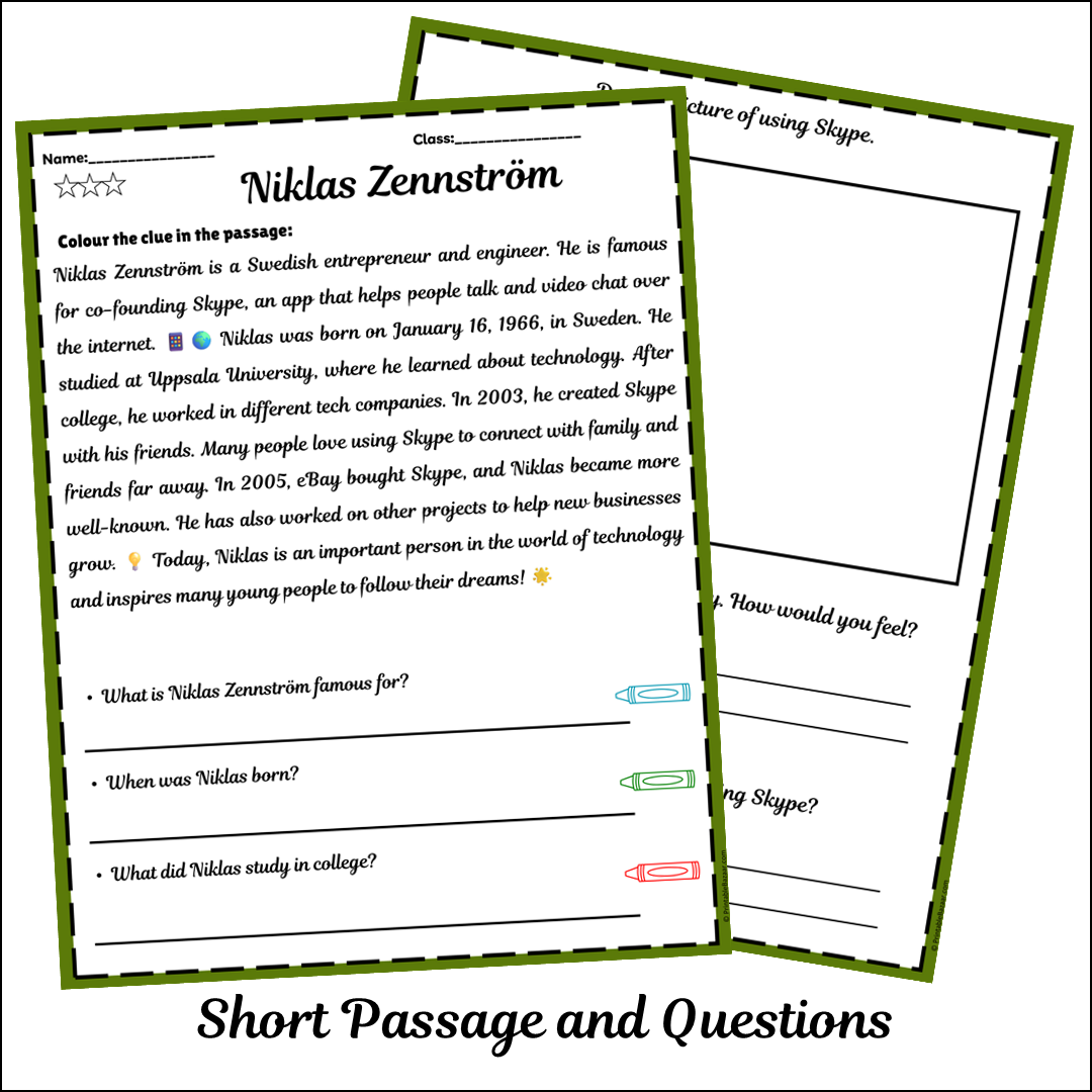 Niklas Zennström | Short Reading Comprehension Creative Worksheet