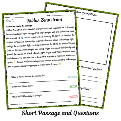 Niklas Zennström | Short Reading Comprehension Creative Worksheet