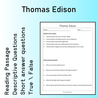 Thomas Edison | Reading Comprehension Passage Printable Worksheet